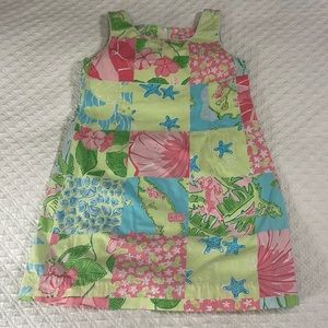Lilly Pulitzer girls patchwork shift dress map monkey floral pink green blue 8